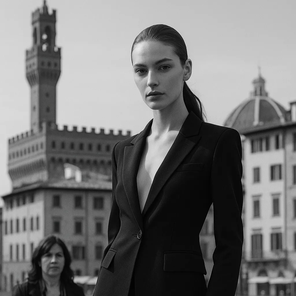 Modella elegante in giacca nera posizionata davanti al centro storico di Firenze, fotografata da una fotografa a Firenze.