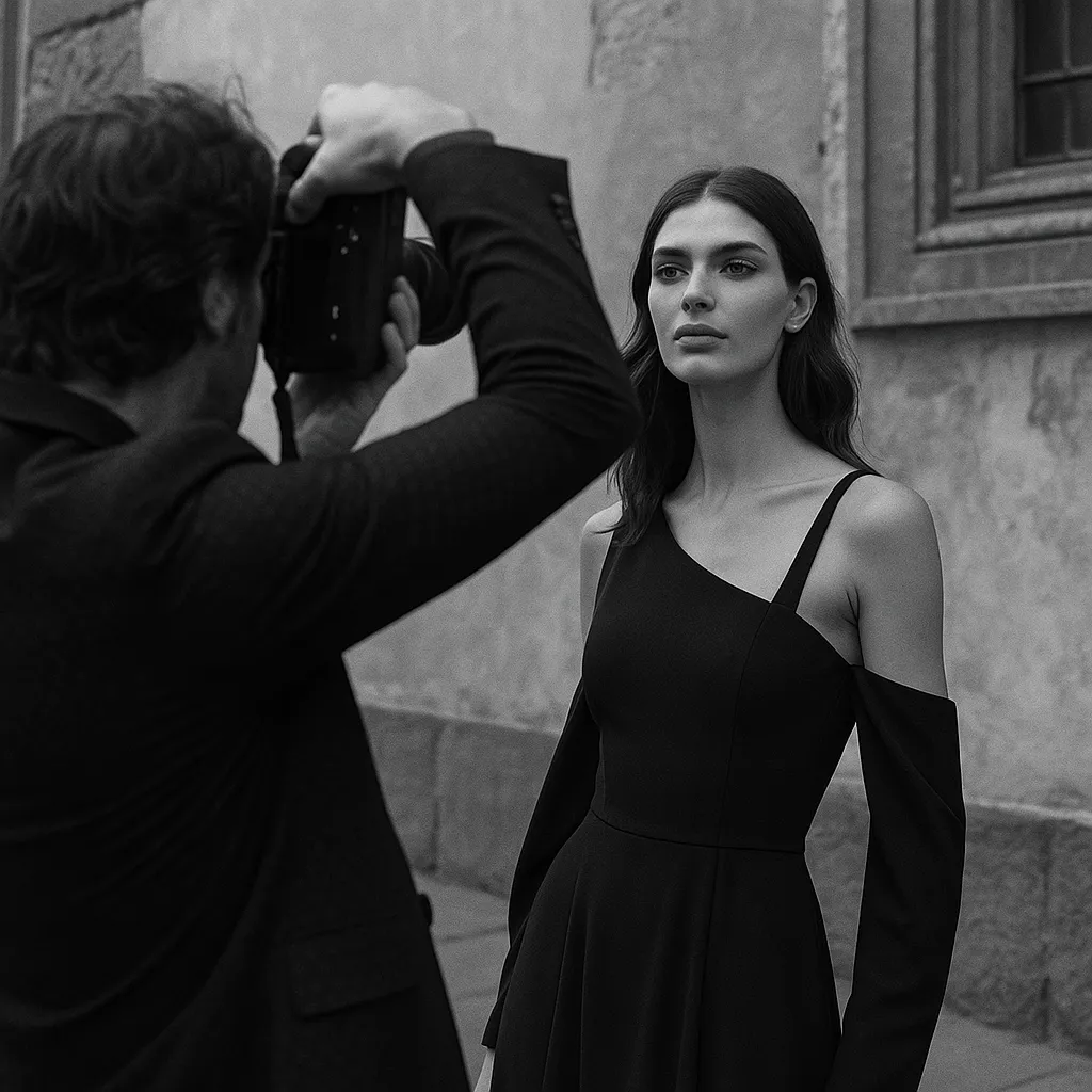 Modella in abito elegante fotografata in strada durante uno shooting di moda, scatto di una fotografa a Firenze.