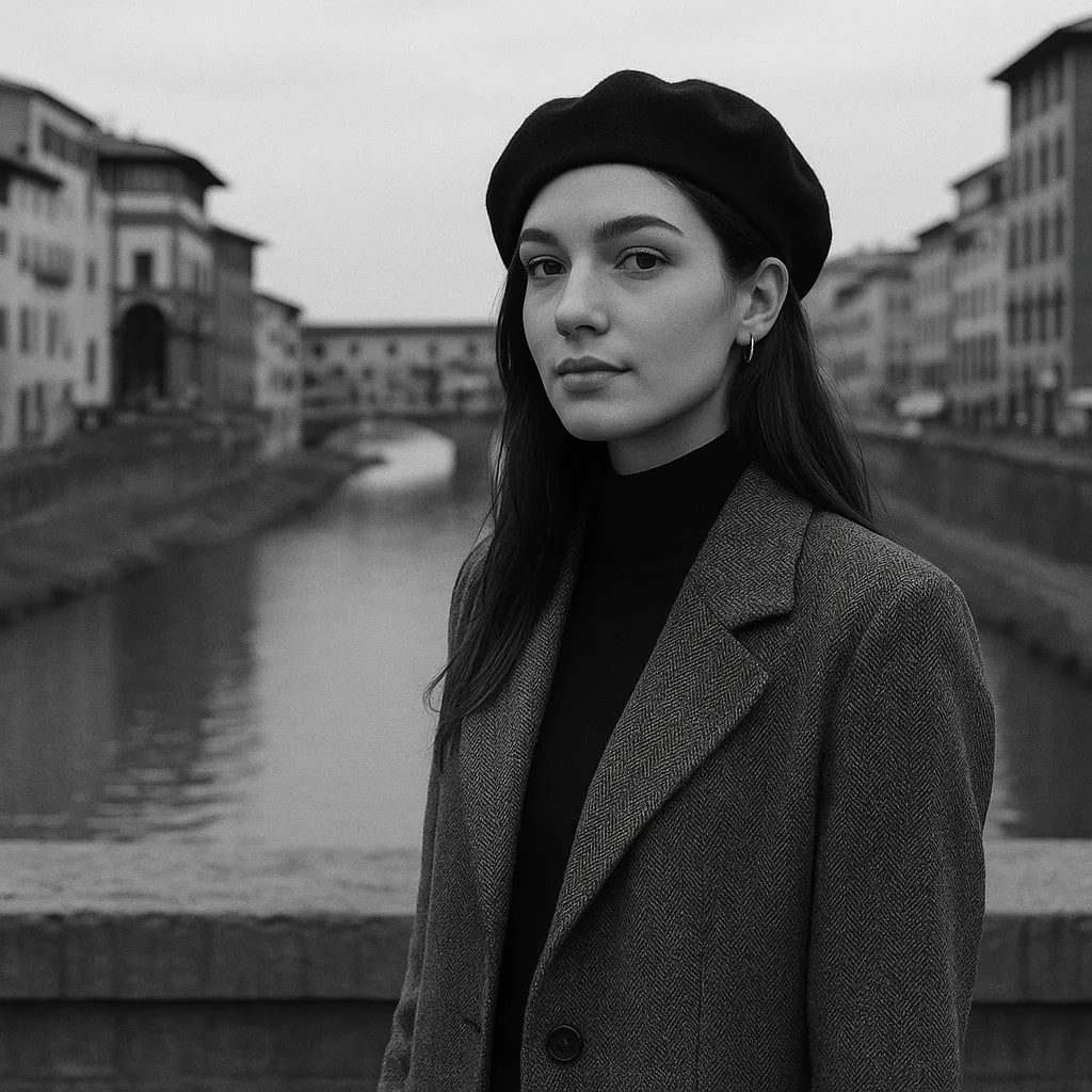 Ritratto elegante di donna con sfondo sul fiume Arno a Firenze, scattato da una fotografa a Firenze.