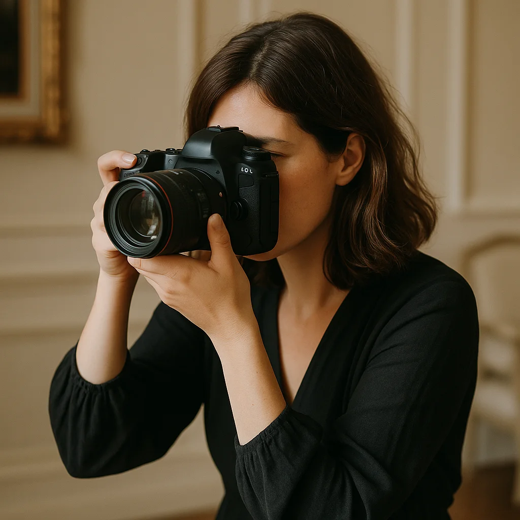 Fotografa professionista mentre scatta una foto con macchina reflex in uno studio elegante, simbolo di attenzione e cura nei dettagli.