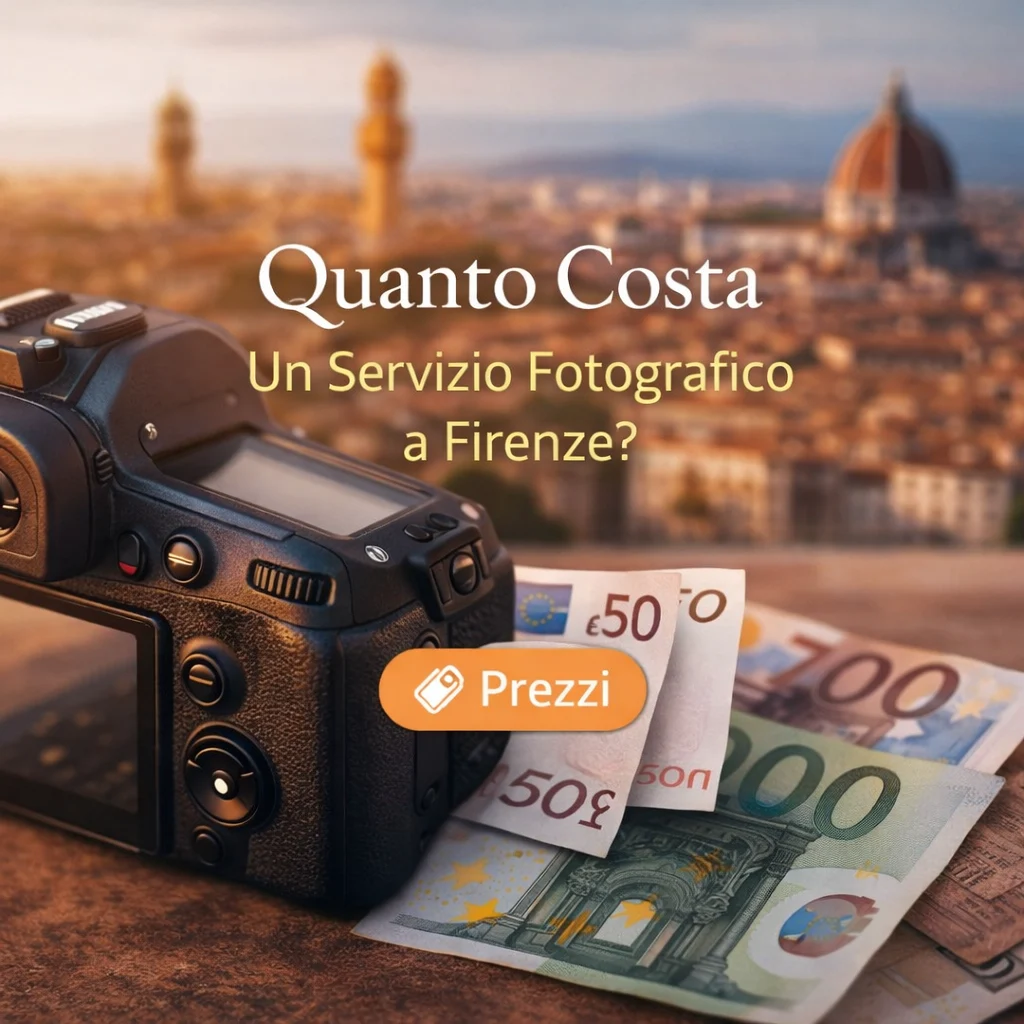 Fotocamera professionale con skyline di Firenze sullo sfondo e banconote in evidenza, rappresentazione del costo di un servizio fotografico a Firenze.