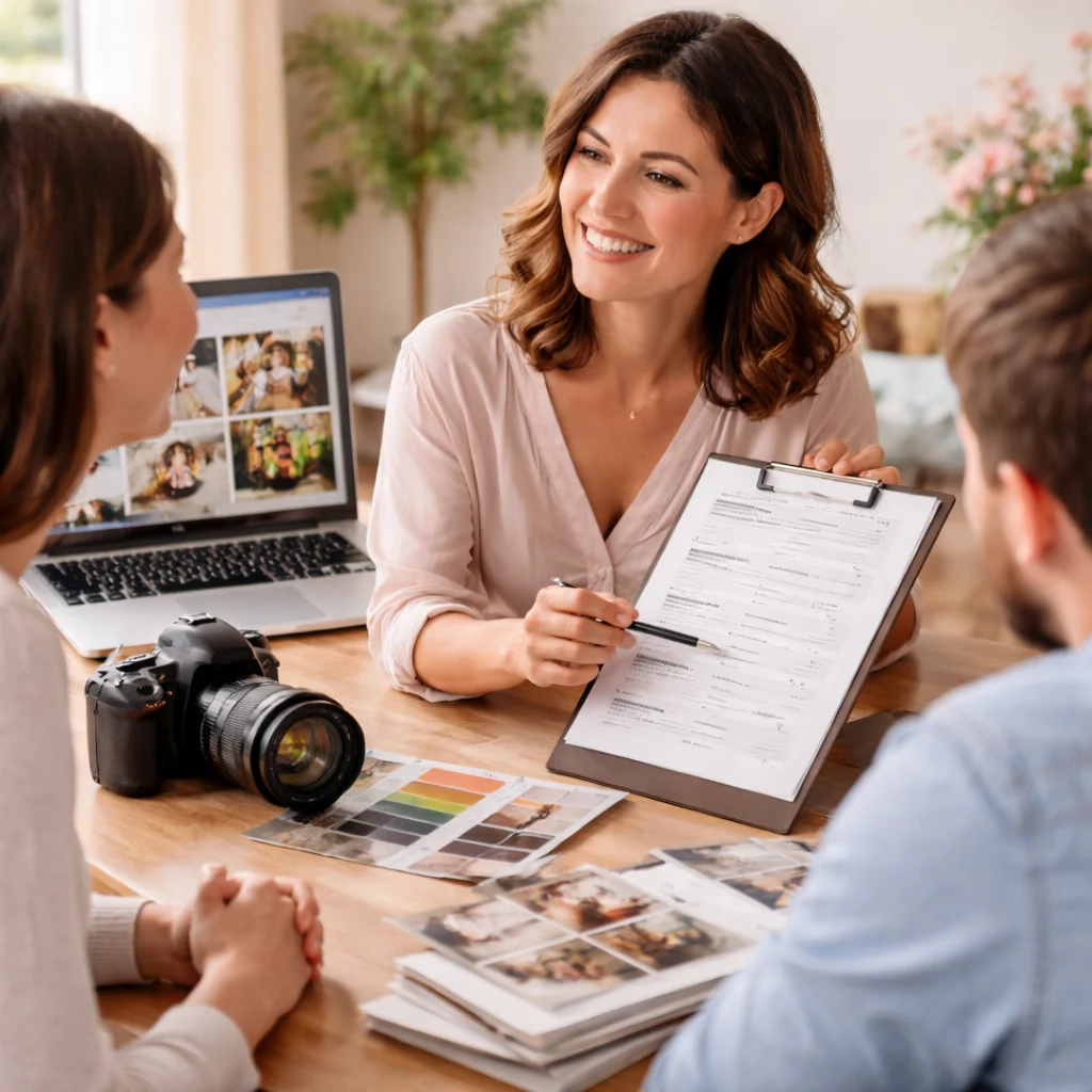 Fotografa professionista mostra un preventivo a una coppia durante una consulenza per definire il costo di un servizio fotografico a Firenze.