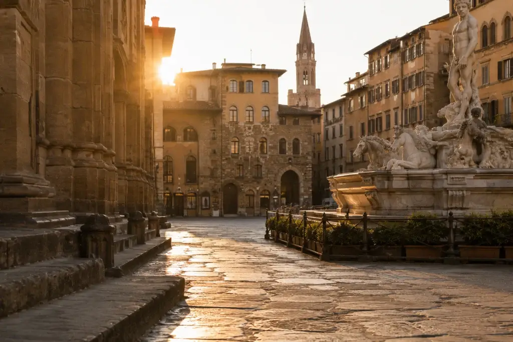 Piazza storica di Firenze illuminata dalla luce dorata del tramonto con architettura rinascimentale toscana, atmosfera elegante editoriale e toni cinematografici caldi senza persone.