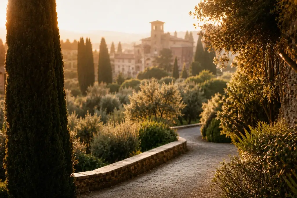 Giardino toscano a Firenze illuminato dalla luce dorata del tramonto con cipressi, sentiero in pietra e architettura elegante sullo sfondo in stile fotografico editoriale naturale senza persone.