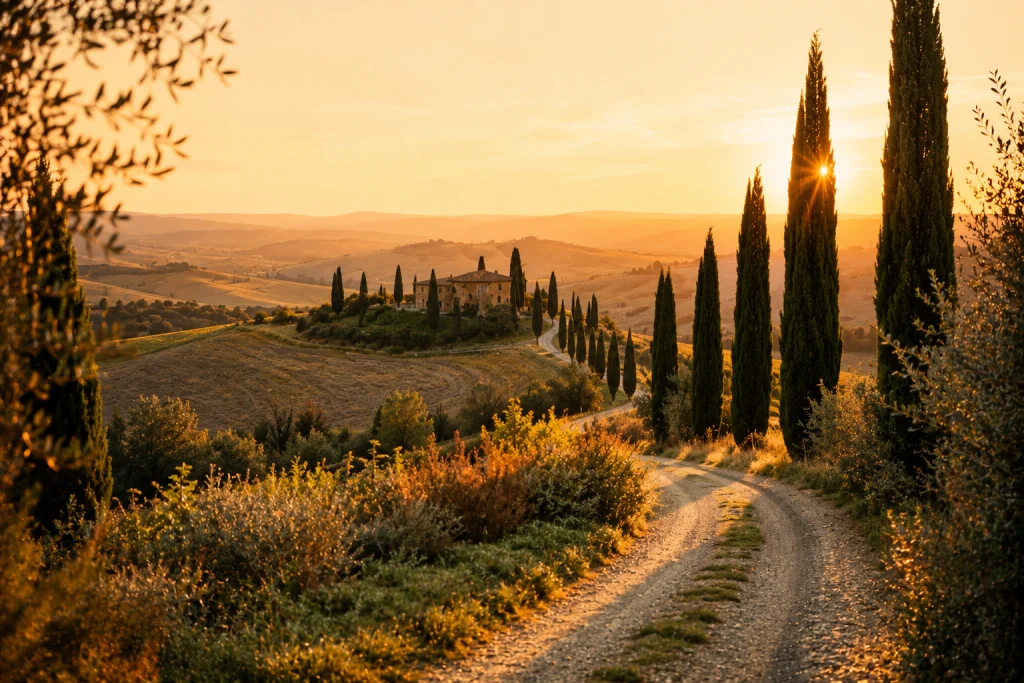 Paesaggio della Val d’Orcia in Toscana al tramonto con colline dorate, strada tra cipressi e villa rustica immersa nella campagna.