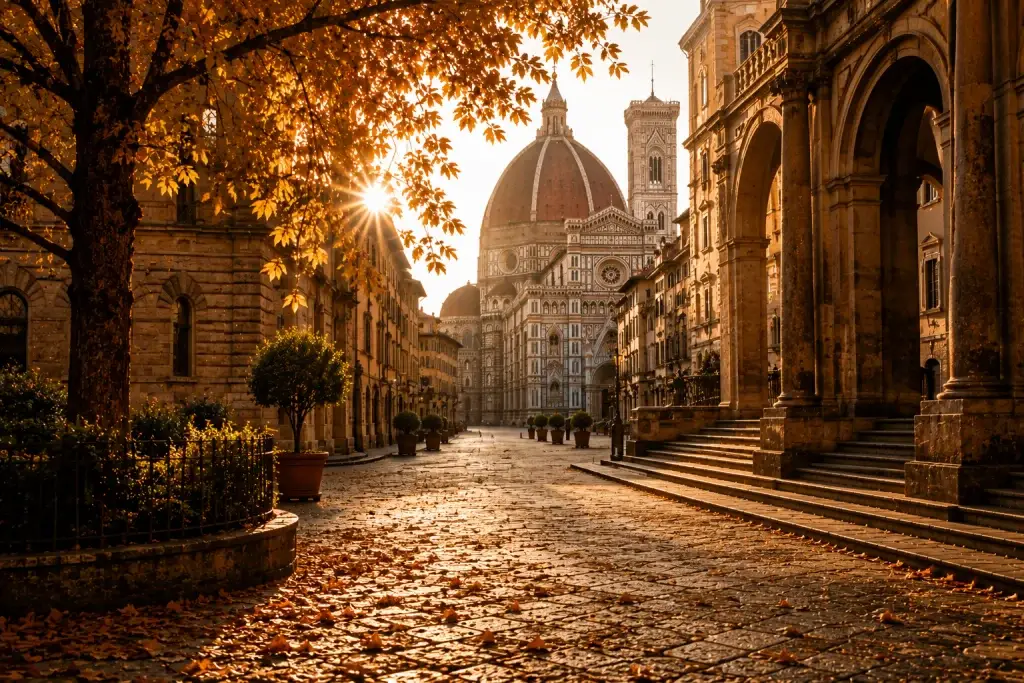 Vista del Duomo di Firenze illuminato dalla luce dorata del tramonto con foglie autunnali sulle strade in pietra e architettura rinascimentale toscana.